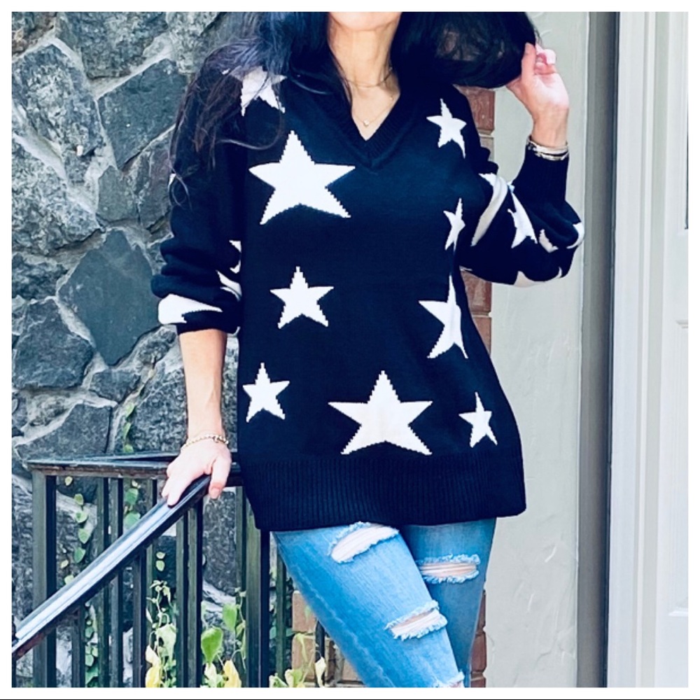 FALL MUST HAVE BLACK V NECK STAR SWEATER - Picture 13 of 15